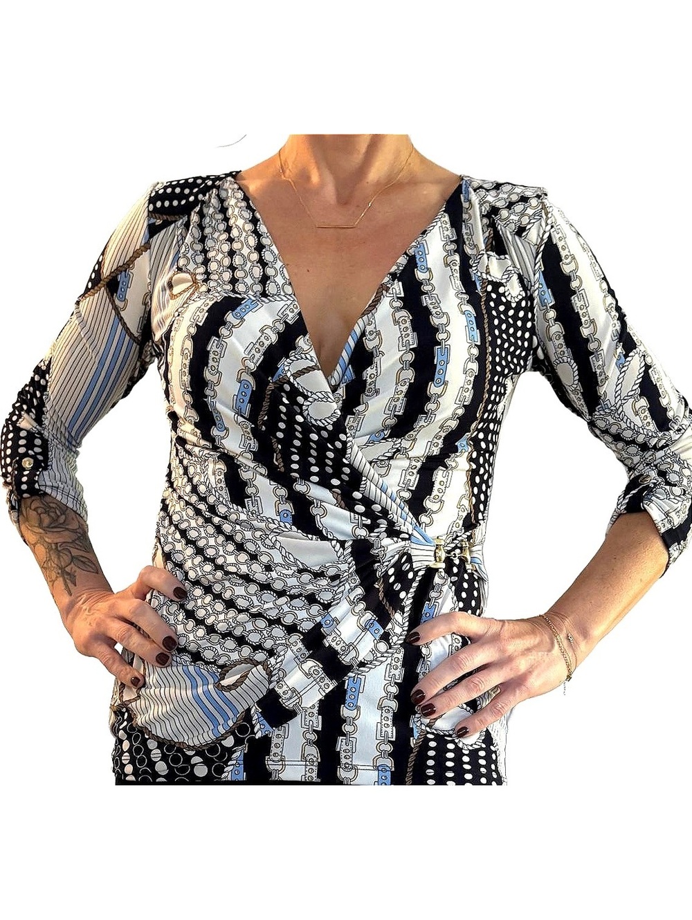 Vintage Cache Women's Wrap Style Long Sleeve Blouse Chain Polka Dot #maximalism